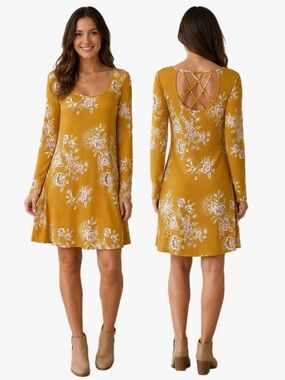 Mudd Mustard Floral Crisscross Back Swing Dress Size XL Boho Long Sleeve